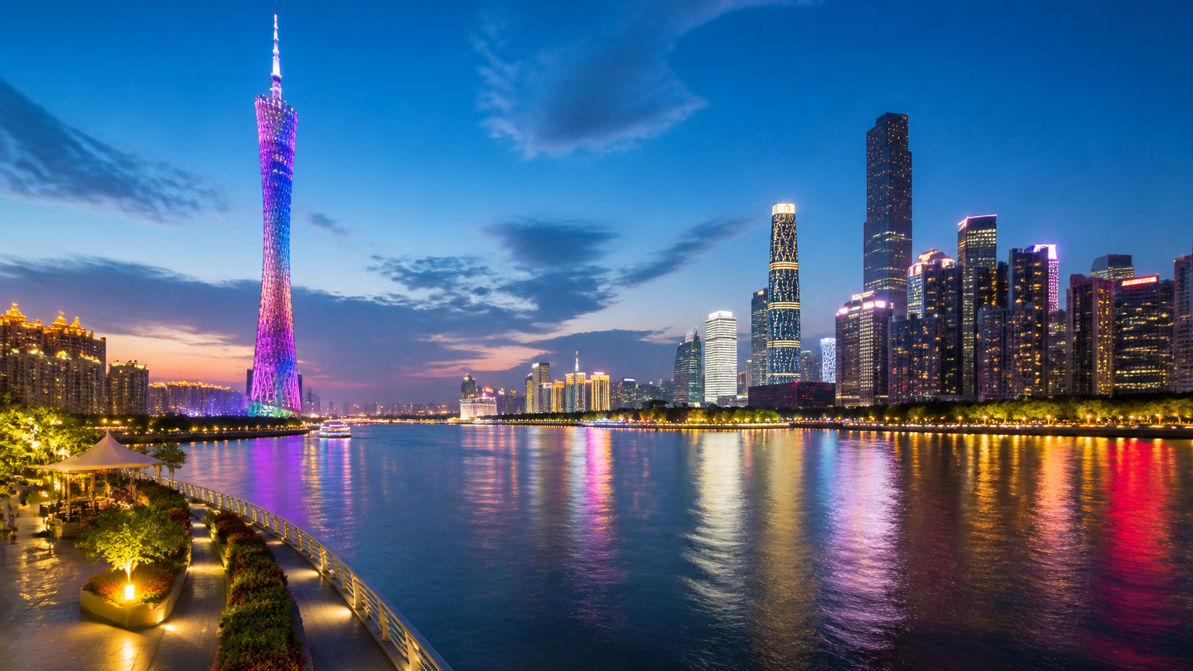 Canton Tower and Zhujiang New Town skyline across the Pearl River in Guangzhou